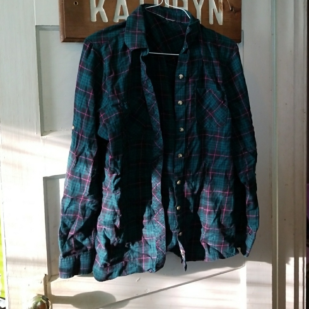 Green plaid button down top